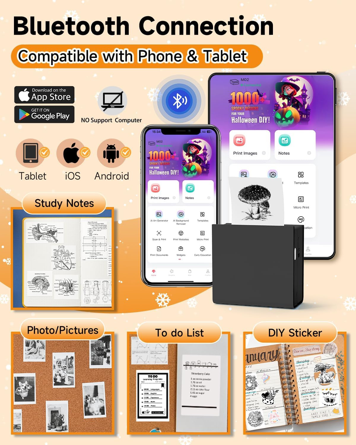 Thermal Mini Printer M02 - Sticker Print Pod, Inkless Pocket Printer for Phone & Pad, Sticky Maker Machine for Study Notes, Memo, Journal, Birthday