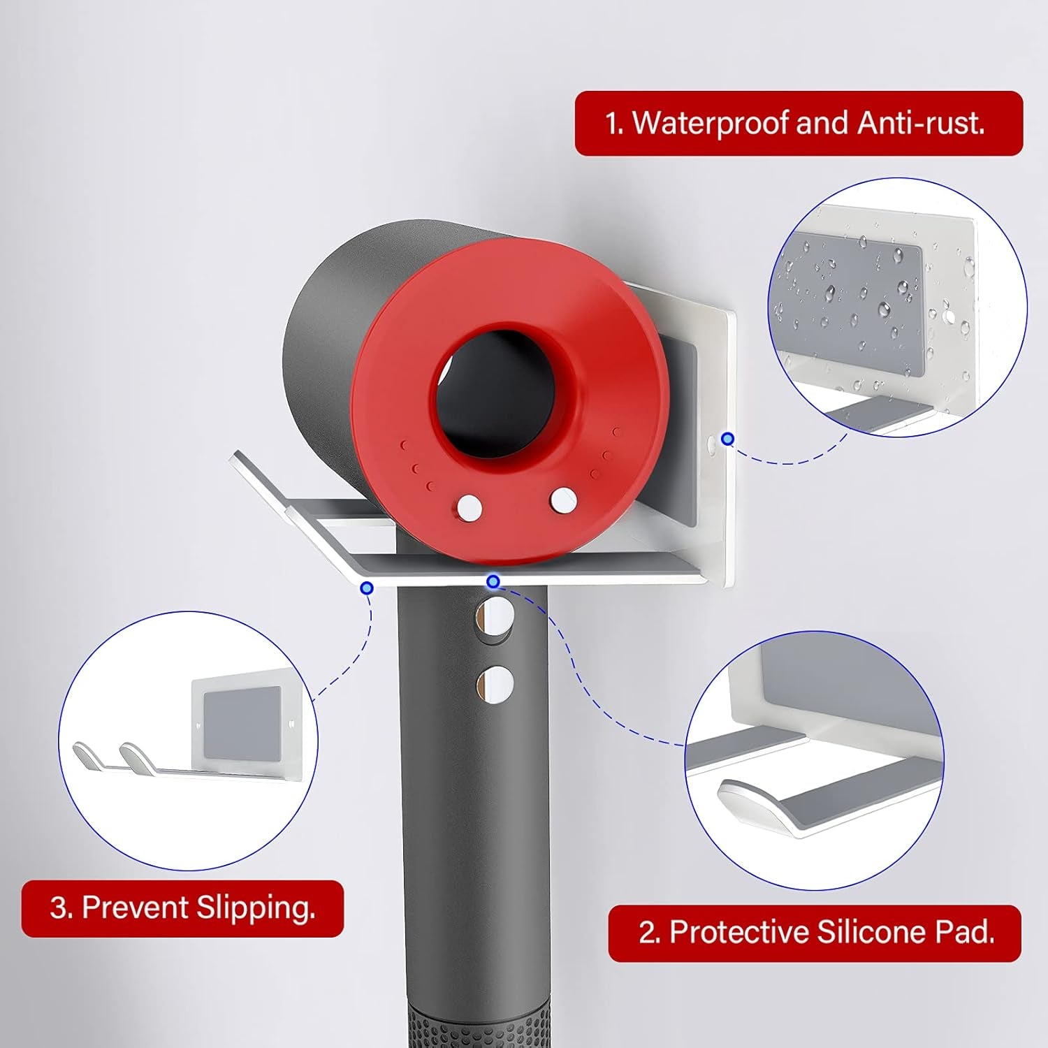 Hair Dryer Holder Wall Mounted Self Adhesive,Hair Blow Dryer Rack Organizer Compatible with Most Hair Dryers,White