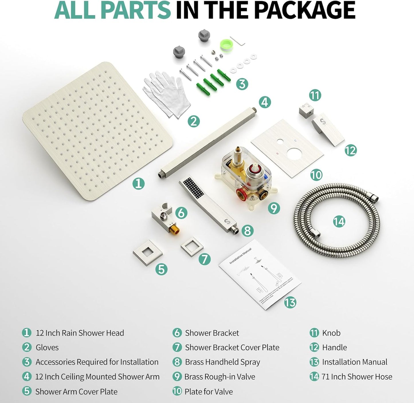 12 Inch Ceiling Mount Brushed Nickel Shower System Bathroom Luxury Rain Mixer Shower Combo Set Ceiling Rainfall Shower Head System Faucet Trim Repair Kits with Rough-In Valve and Trim