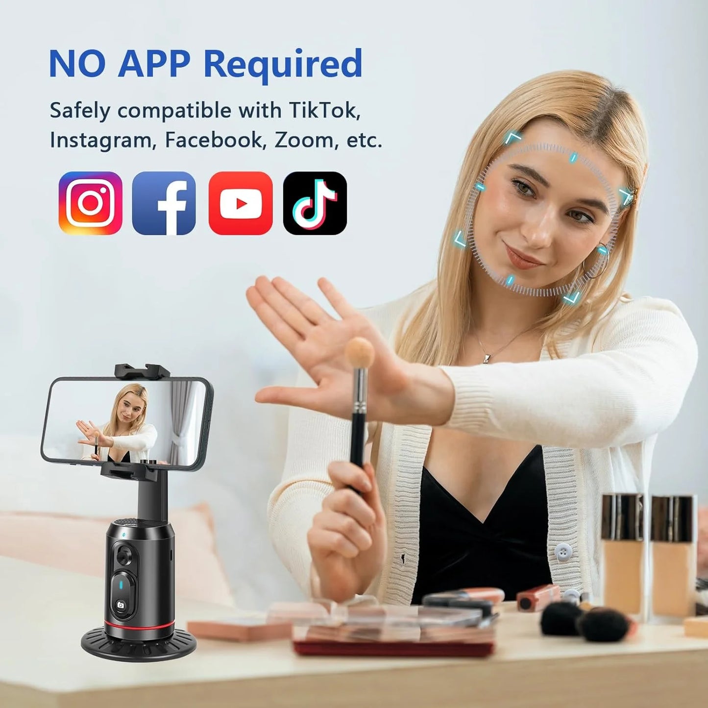 Auto Face Tracking Tripod,Ai Smarts 360° Rotating Auto Tracking Phone Stand, No App Required,Camera Stand with Remote and RGB Fill Lights,Rechargeable Shooting Stand for Live Video Recording Tiktok