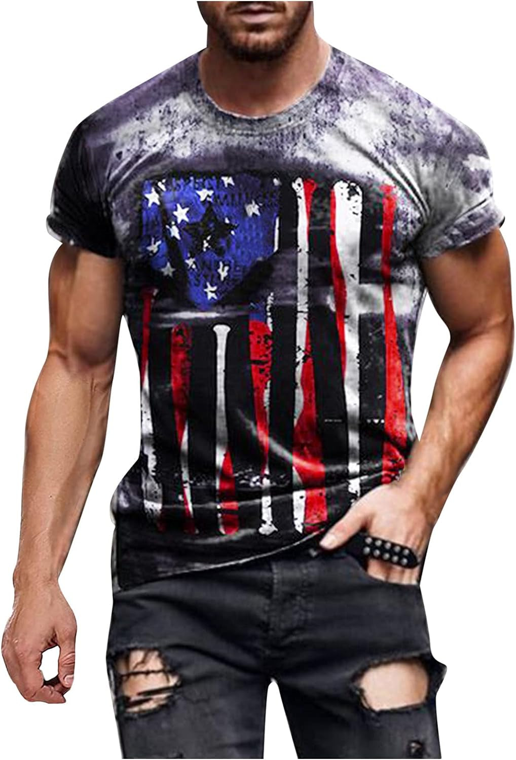 American Flag Shirt Mens Patriotic Short Sleeve T-Shirts Stars Stripes Freedom Tops Slim Muscle Shirt Marching Tees Purple,Xx-Large