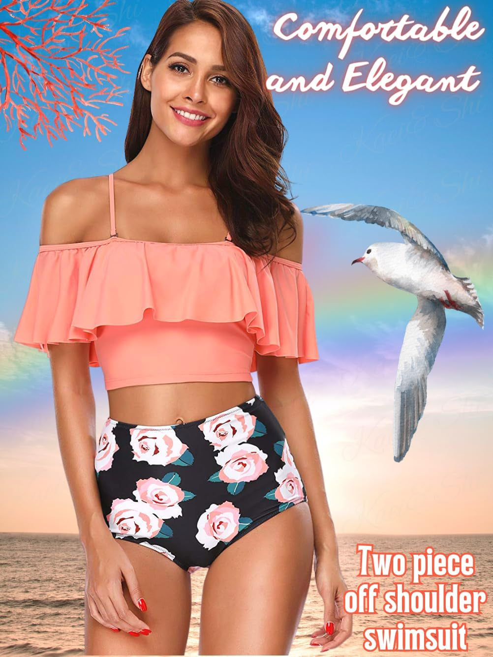 High Waisted Flounce Bikini Set,Tummy Control Swimsuits for Women,Off Shoulder