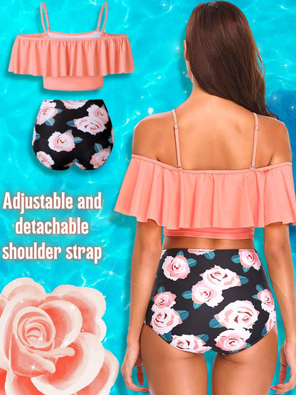 High Waisted Flounce Bikini Set,Tummy Control Swimsuits for Women,Off Shoulder