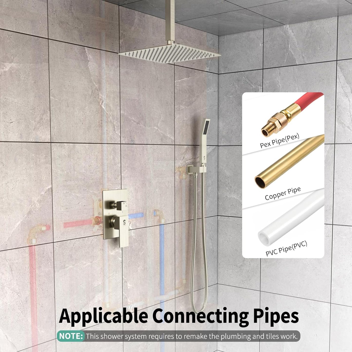 12 Inch Ceiling Mount Brushed Nickel Shower System Bathroom Luxury Rain Mixer Shower Combo Set Ceiling Rainfall Shower Head System Faucet Trim Repair Kits with Rough-In Valve and Trim