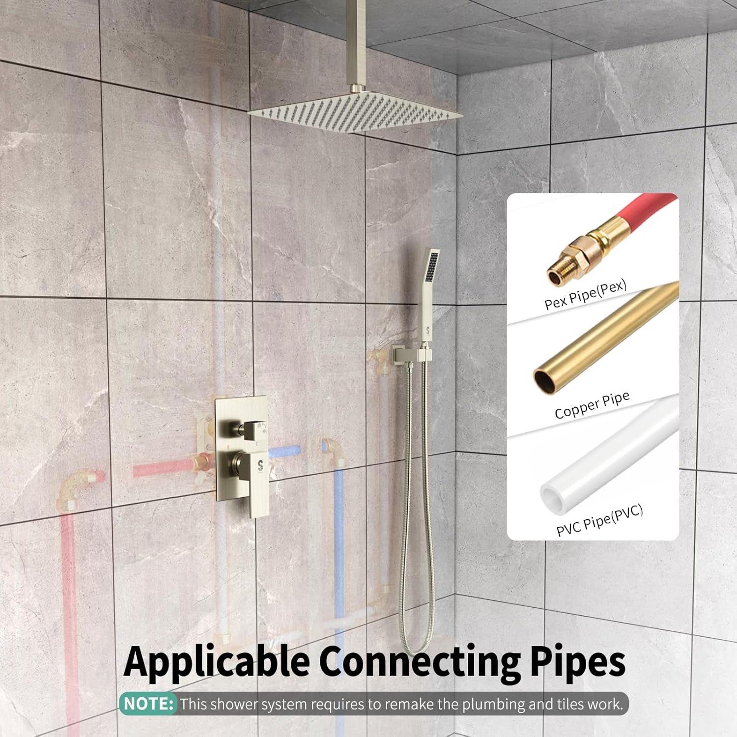 12 Inch Ceiling Mount Brushed Nickel Shower System Bathroom Luxury Rain Mixer Shower Combo Set Ceiling Rainfall Shower Head System Faucet Trim Repair Kits with Rough-In Valve and Trim