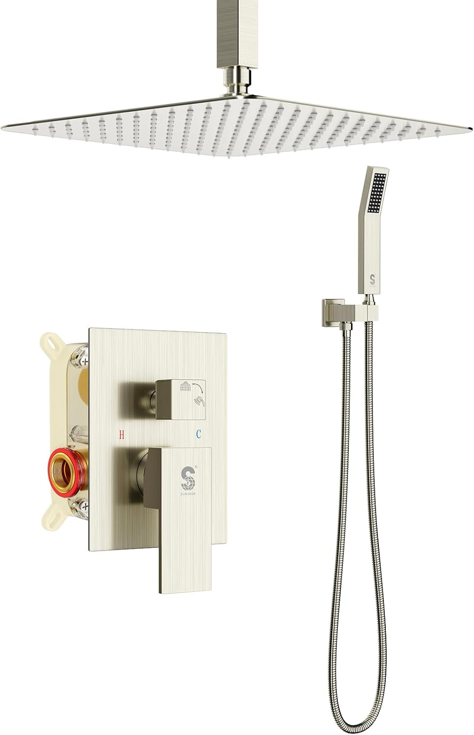 12 Inch Ceiling Mount Brushed Nickel Shower System Bathroom Luxury Rain Mixer Shower Combo Set Ceiling Rainfall Shower Head System Faucet Trim Repair Kits with Rough-In Valve and Trim