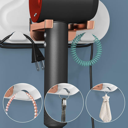 Hair Dryer Holder Wall Mounted Self Adhesive Blow Dryer Rack Multi-Functional Bathroom Storage Dryer Rack （White）