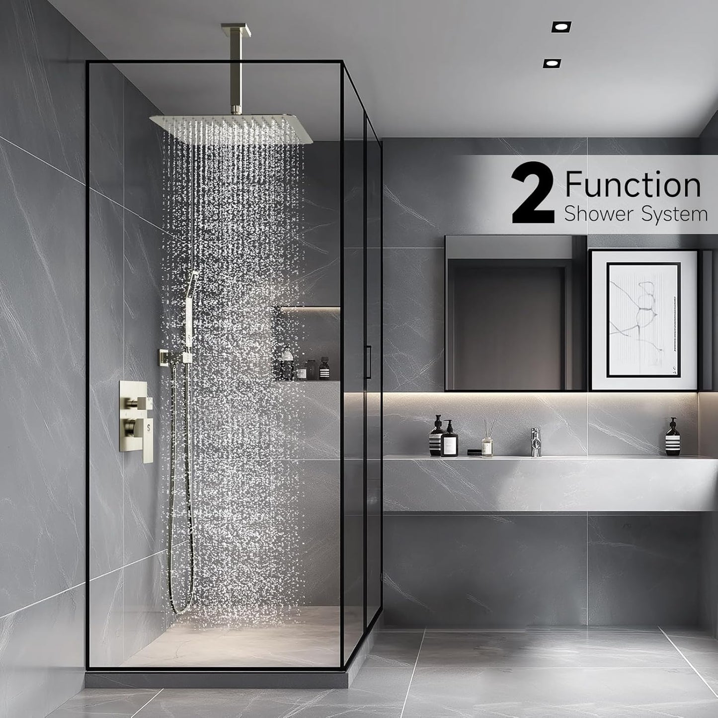 12 Inch Ceiling Mount Brushed Nickel Shower System Bathroom Luxury Rain Mixer Shower Combo Set Ceiling Rainfall Shower Head System Faucet Trim Repair Kits with Rough-In Valve and Trim