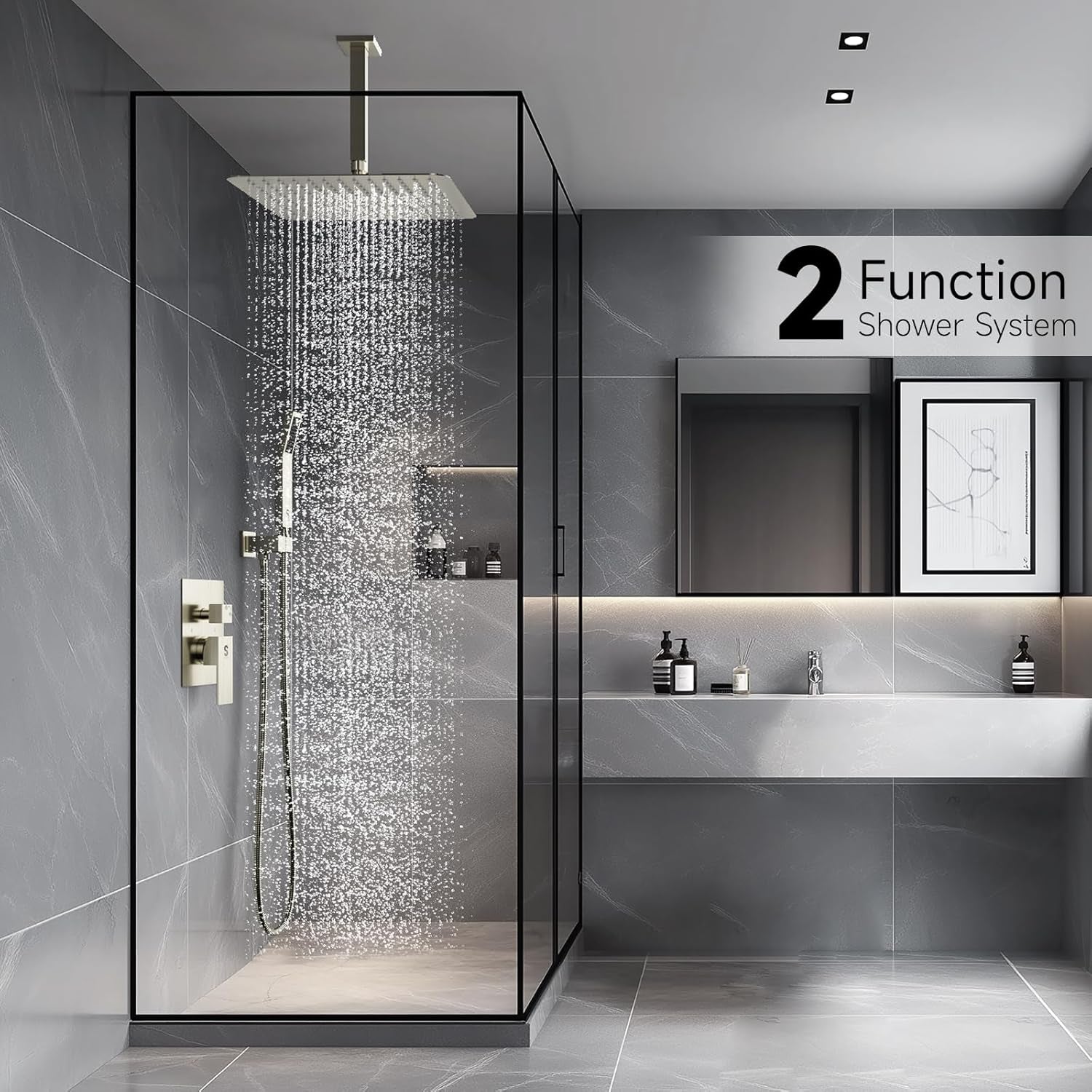 12 Inch Ceiling Mount Brushed Nickel Shower System Bathroom Luxury Rain Mixer Shower Combo Set Ceiling Rainfall Shower Head System Faucet Trim Repair Kits with Rough-In Valve and Trim