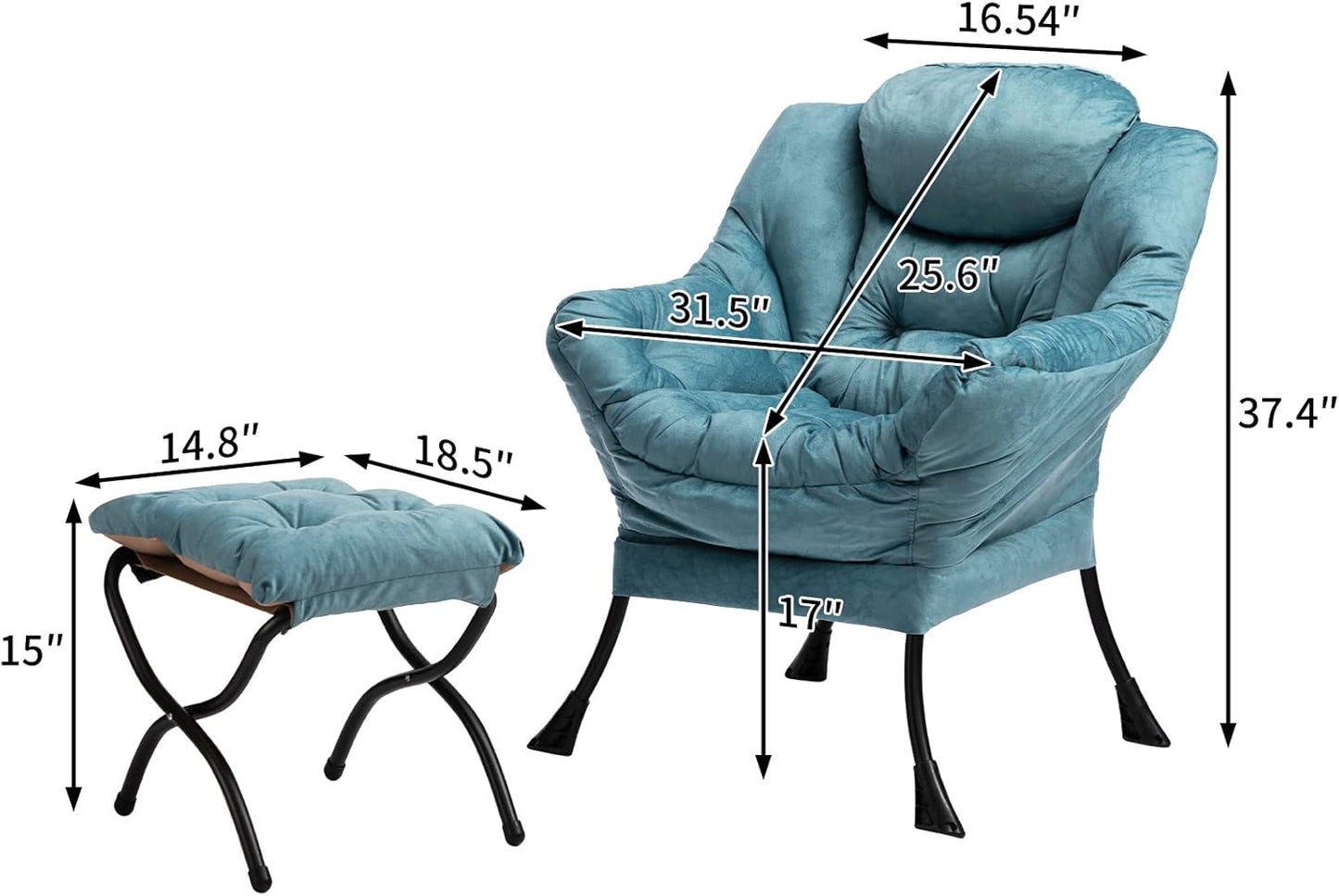 Fabric Lazy Chair with Foldable Ottoman, Accent Comfy Lounge Arm Chair and Folding Footrest Stool Set, Leisure Sofa Reading Chair and Footstool for Living Room, Bedroom, Dorm, Blue