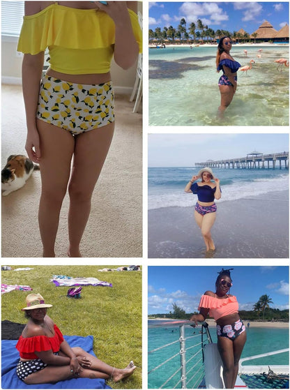 High Waisted Flounce Bikini Set,Tummy Control Swimsuits for Women,Off Shoulder