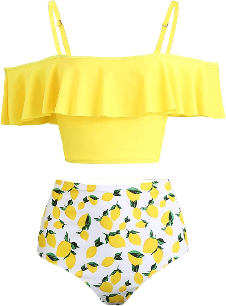 High Waisted Flounce Bikini Set,Tummy Control Swimsuits for Women,Off Shoulder