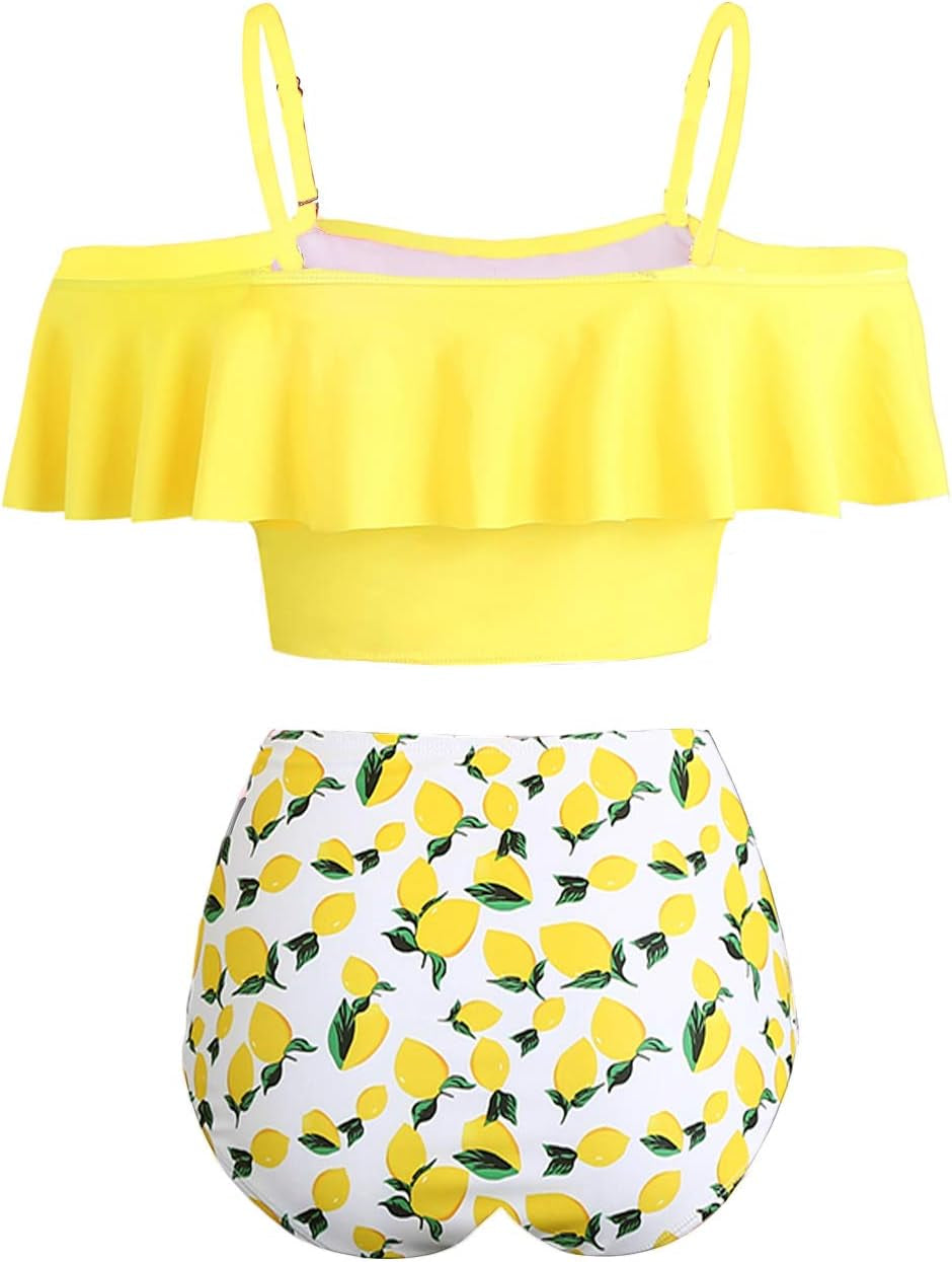 High Waisted Flounce Bikini Set,Tummy Control Swimsuits for Women,Off Shoulder
