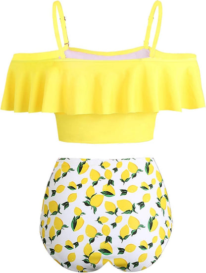 High Waisted Flounce Bikini Set,Tummy Control Swimsuits for Women,Off Shoulder