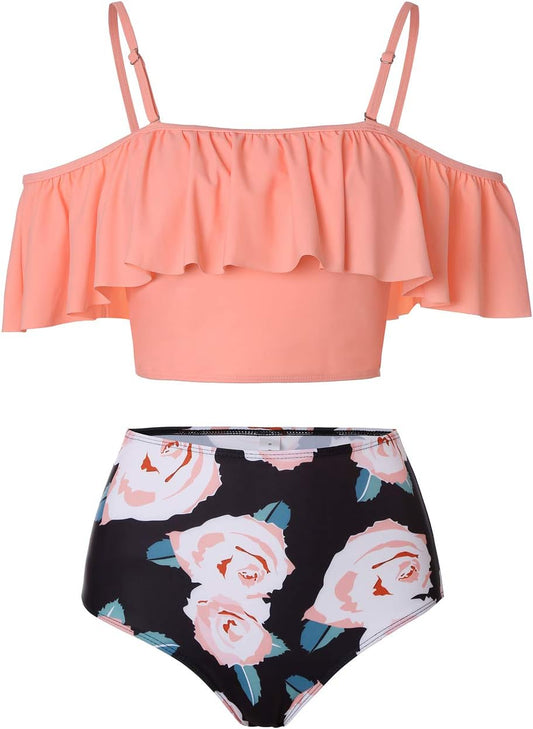 High Waisted Flounce Bikini Set,Tummy Control Swimsuits for Women,Off Shoulder