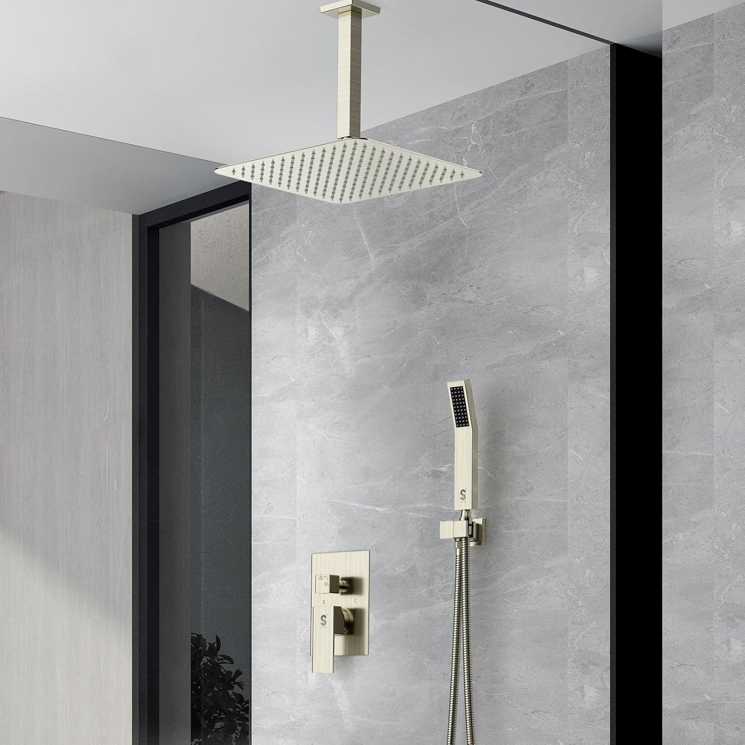 12 Inch Ceiling Mount Brushed Nickel Shower System Bathroom Luxury Rain Mixer Shower Combo Set Ceiling Rainfall Shower Head System Faucet Trim Repair Kits with Rough-In Valve and Trim