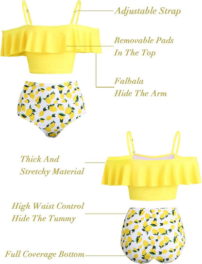High Waisted Flounce Bikini Set,Tummy Control Swimsuits for Women,Off Shoulder