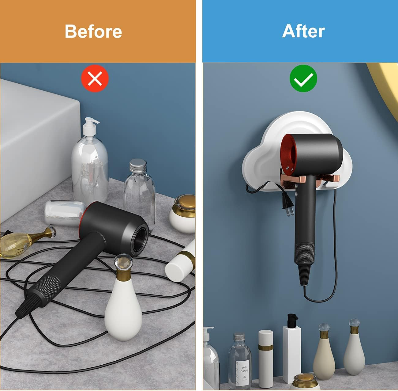 Hair Dryer Holder Wall Mounted Self Adhesive Blow Dryer Rack Multi-Functional Bathroom Storage Dryer Rack （White）