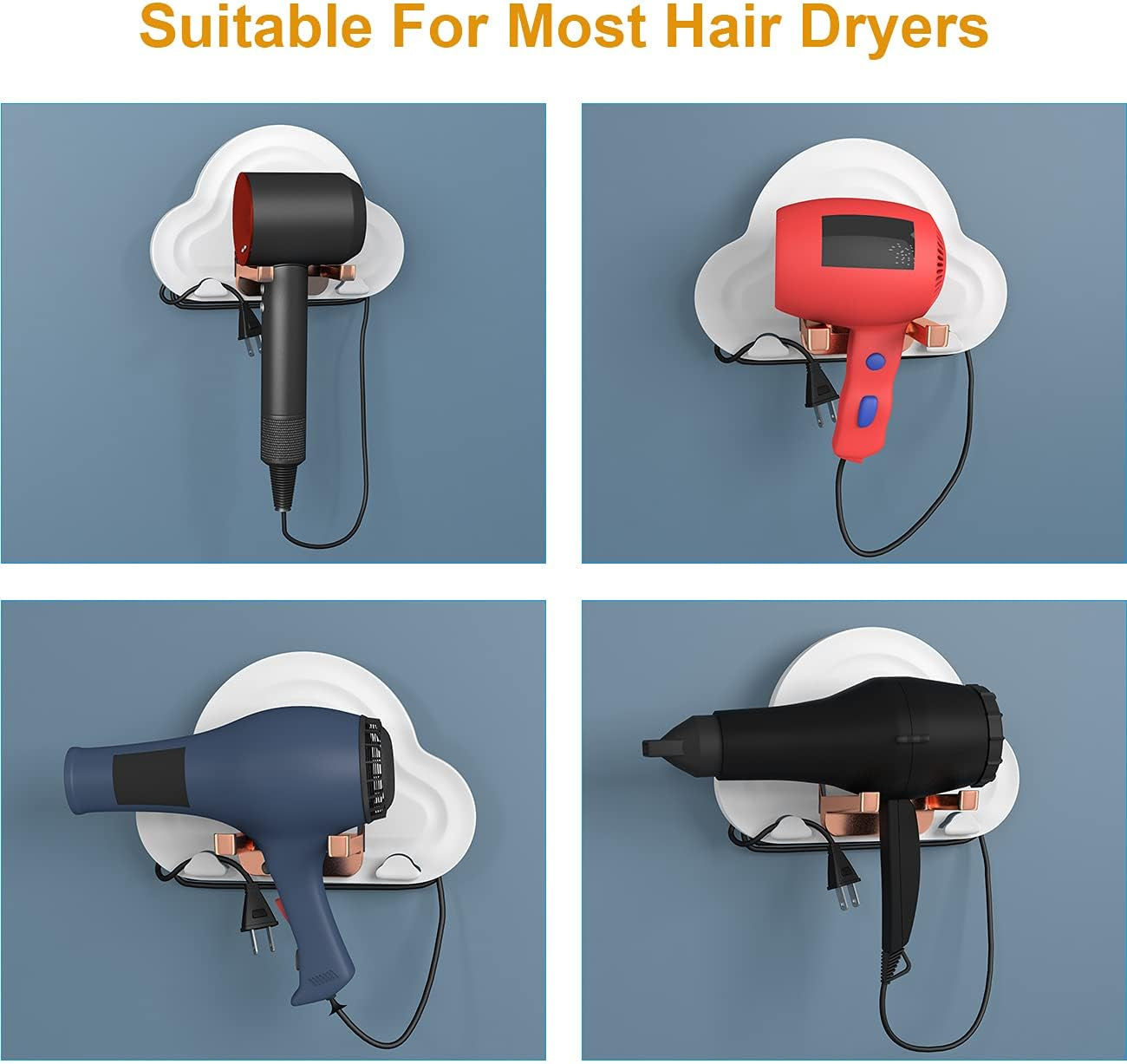 Hair Dryer Holder Wall Mounted Self Adhesive Blow Dryer Rack Multi-Functional Bathroom Storage Dryer Rack （White）